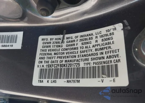 2019 Honda Civic Sport from USA, damaged, VIN 19XFC2F80KE201725